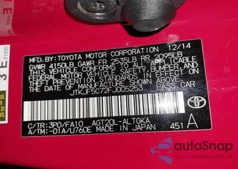 2015 Scion Tc from USA, damaged, VIN JTKJF5C72FJ005253